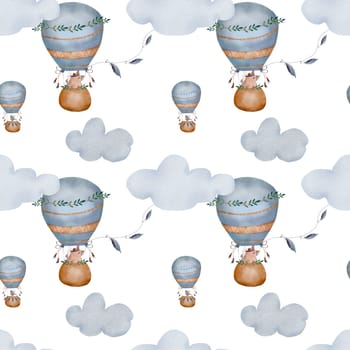Watercolor pattern baby hot air balloons in pastel colors. Cute illustration of a bird and a bear in boho style with clouds. Kawaii seamless image for printing on children's textiles and children's room design. High quality illustration