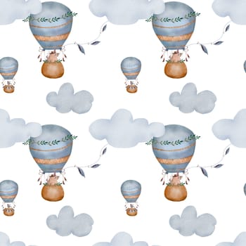 Watercolor pattern baby hot air balloons in pastel colors. Cute illustration of a bird and a bear in boho style with clouds. Kawaii seamless image for printing on children's textiles and children's room design. High quality illustration