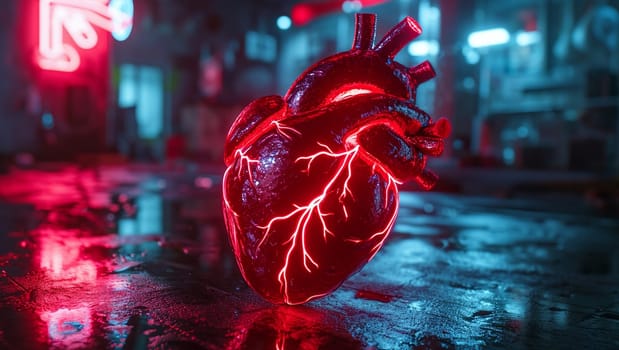 Neon natural heart in cyberpunk style. Red-pink illuminated human heart. High quality photo