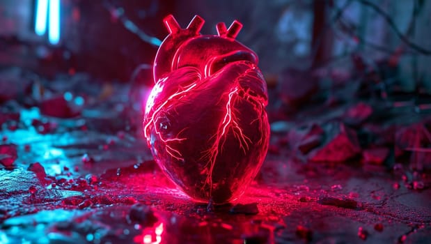 Neon natural heart in cyberpunk style. Red-pink illuminated human heart. High quality photo