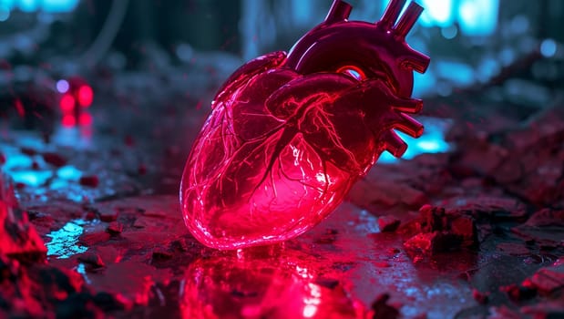 Neon natural heart in cyberpunk style. Red-pink illuminated human heart. High quality photo