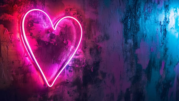 Neon natural heart in cyberpunk style. Red-pink illuminated human heart. High quality photo