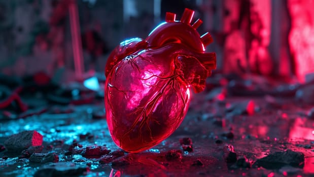 Neon natural heart in cyberpunk style. Red-pink illuminated human heart. High quality photo