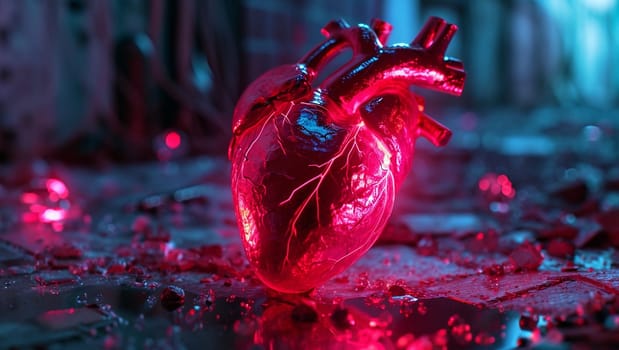 Neon natural heart in cyberpunk style. Red-pink illuminated human heart. High quality photo