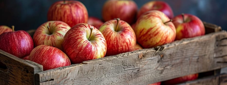 Fresh apples in a wooden box on an apple plantation. selective focus. Food. Generative AI,