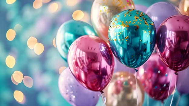 Beautiful happy birthday background with balloons. Holidays selective focus. Generative AI,