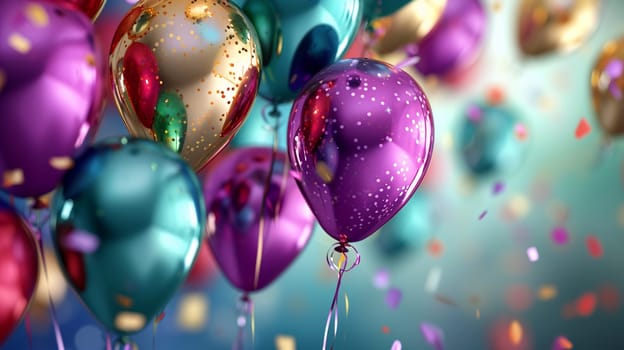 Beautiful happy birthday background with balloons. Holidays selective focus. Generative AI,