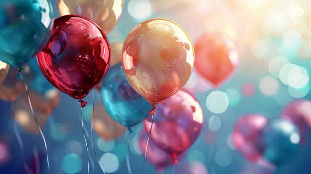 Beautiful happy birthday background with balloons. Holidays selective focus. Generative AI,