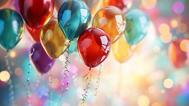 Beautiful happy birthday background with balloons. Holidays selective focus. Generative AI,