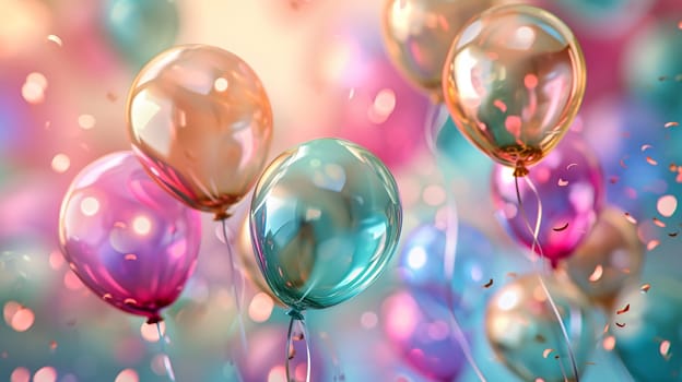 Beautiful happy birthday background with balloons. Holidays selective focus. Generative AI,