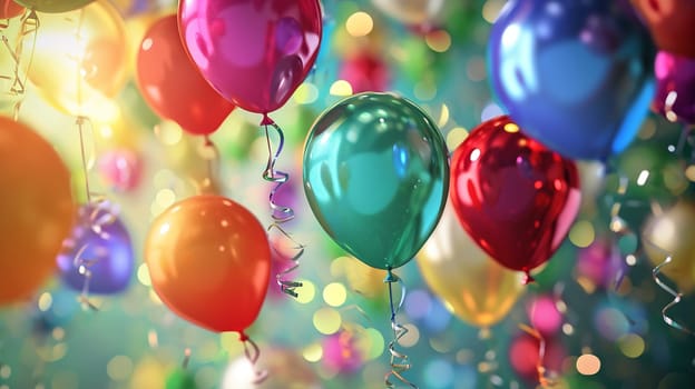 Beautiful happy birthday background with balloons. Holidays selective focus. Generative AI,