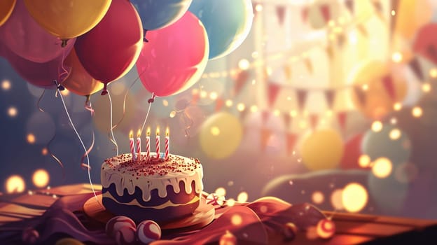 Beautiful happy birthday background with balloons. Holidays selective focus. Generative AI,