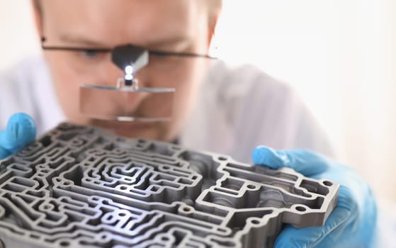 Repairman car-care center on repair holds in hand automatic transmissions carries out disassembling glasses magnifying lens microscope assemblage hydroblock detail carries diagnostics makes estimation