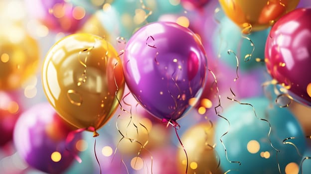 Beautiful happy birthday background with balloons. Holidays selective focus. Generative AI,