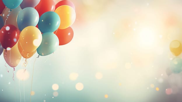 Beautiful happy birthday background with balloons. Holidays selective focus. Generative AI,