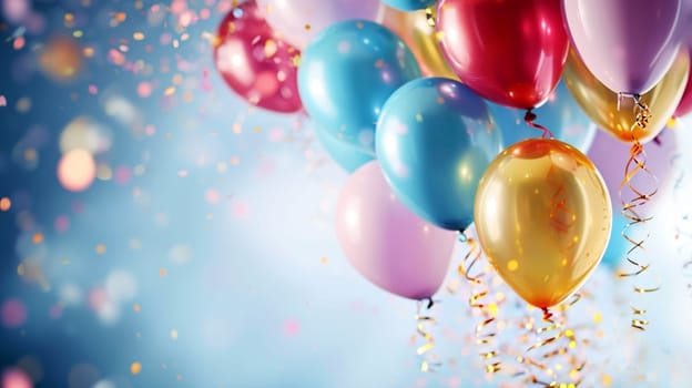 Beautiful happy birthday background with balloons. Holidays selective focus. Generative AI,