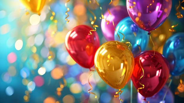Beautiful happy birthday background with balloons. Holidays selective focus. Generative AI,