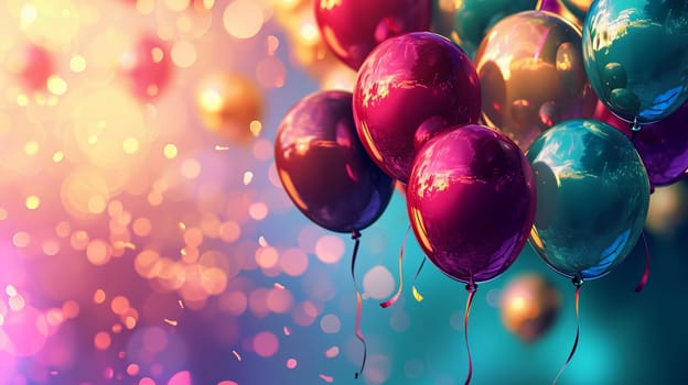 Beautiful happy birthday background with balloons. Holidays selective focus. Generative AI,