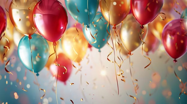 Beautiful happy birthday background with balloons. Holidays selective focus. Generative AI,