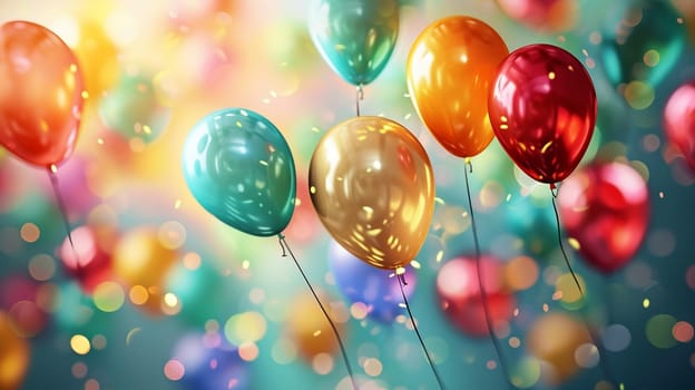 Beautiful happy birthday background with balloons. Holidays selective focus. Generative AI,