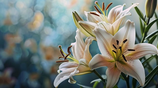 Beautiful Lilies in Pastel Colors. selective focus. Nature generative AI,