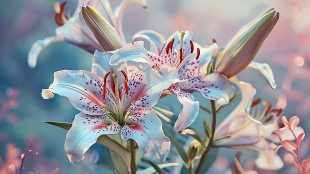 Beautiful Lilies in Pastel Colors. selective focus. Nature generative AI,