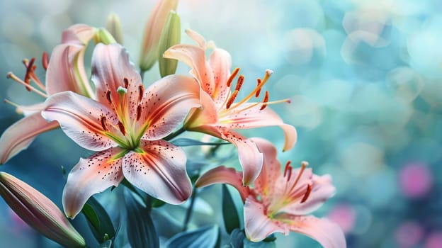 Beautiful Lilies in Pastel Colors. selective focus. Nature generative AI,