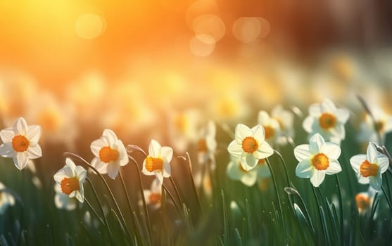 Blooming Beauty: A Springtime Meadow of Yellow and White Narcissus Flowers with Fresh Green Grass, against a Sunny Blue Sky