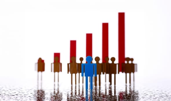 Little plastic blue toy figure stand out from unit crowd line closeup. One worker against odd hr job shift head hunter rare disease unit dismissal retire lgbt media virus epidemic success concept
