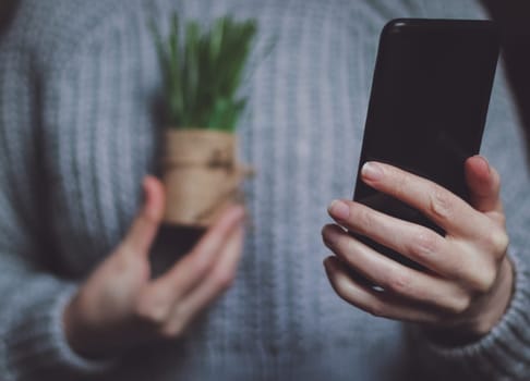 The hands of a Caucasian young unrecognizable girl in a thick gray knitted sweater holds a black smartphone in front of her, showing a mini flower pot on the screen, close-up side view with depth of field. Concept of online chat, social networks, modern lifestyle.