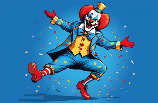 A cheerful clown on a blue background stands on one leg, with confetti scattered around. April Fool's Day Concept.