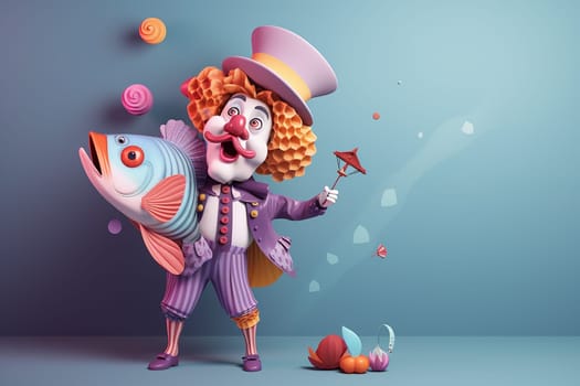 A funny clown holds a big fish in his hand on a blue background. The concept of April Fool's Day on April 1st, on the right there is a place for the text.