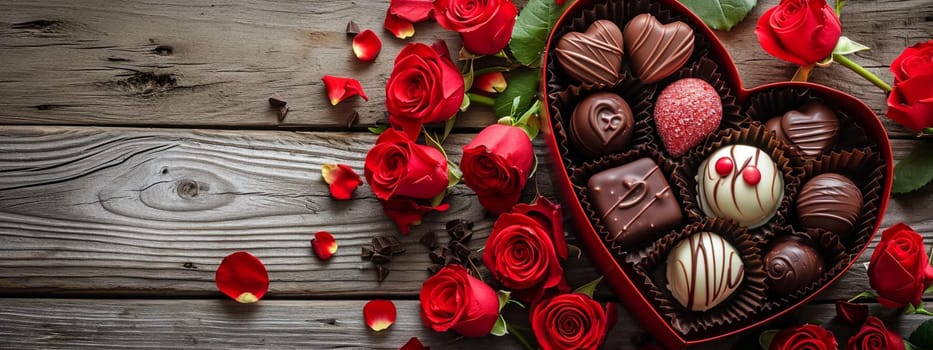 box of chocolates and flowers on a wooden background. selective focus. Holidays Generative AI,