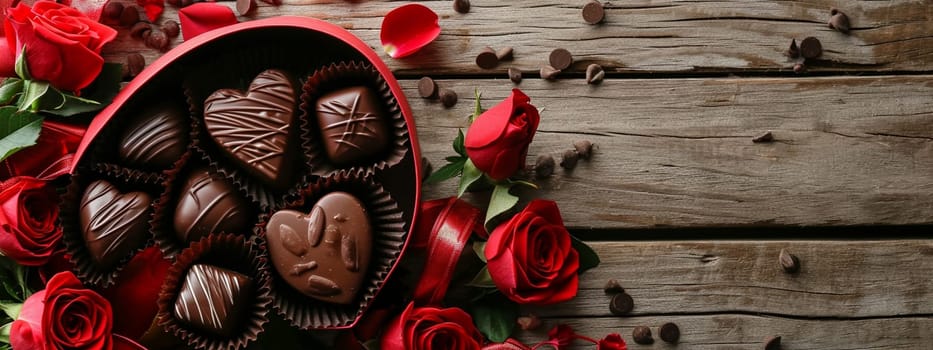 box of chocolates and flowers on a wooden background. selective focus. Holidays Generative AI,