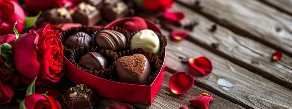 box of chocolates and flowers on a wooden background. selective focus. Holidays Generative AI,