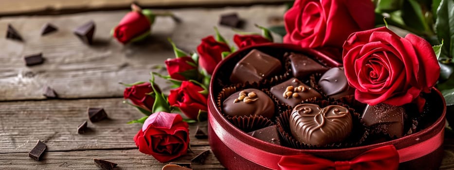 box of chocolates and flowers on a wooden background. selective focus. Holidays Generative AI,