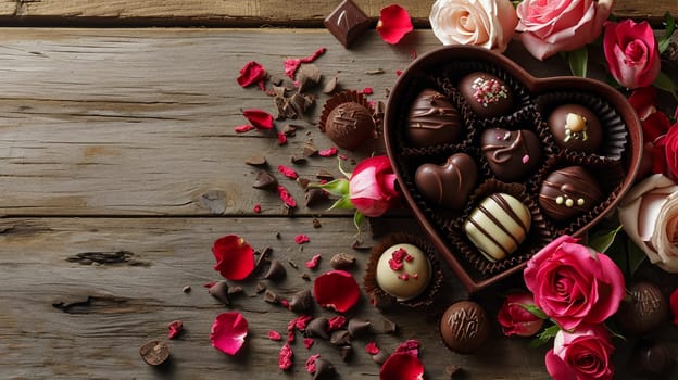 box of chocolates and flowers on a wooden background. selective focus. Holidays Generative AI,