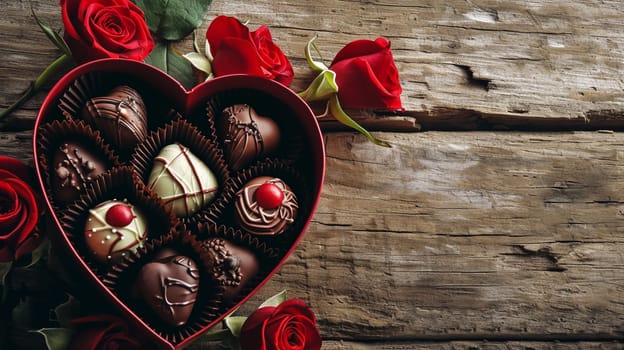 box of chocolates and flowers on a wooden background. selective focus. Holidays Generative AI,