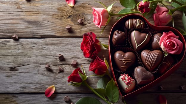 box of chocolates and flowers on a wooden background. selective focus. Holidays Generative AI,