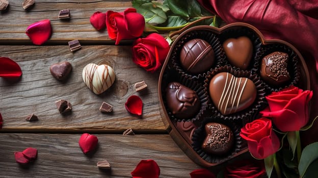 box of chocolates and flowers on a wooden background. selective focus. Holidays Generative AI,