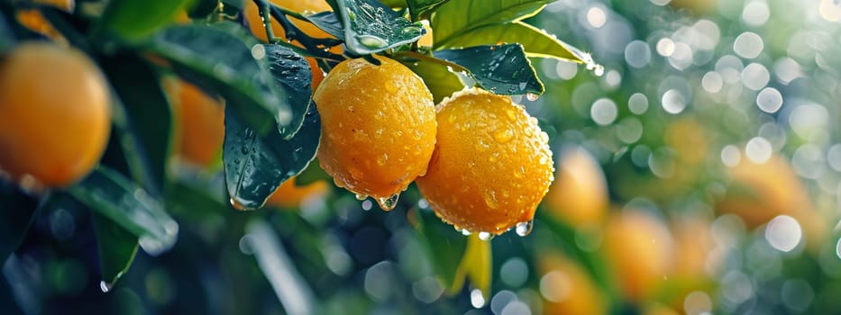 Close up of Lemons hanging from a tree in a lemon grove . Food Generative AI,
