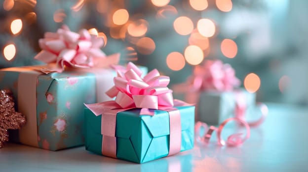 blue and pink boxes with pink bow. selective focus. Holidays. Generative AI,