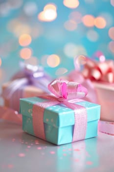 blue and pink boxes with pink bow. selective focus. Holidays. Generative AI,