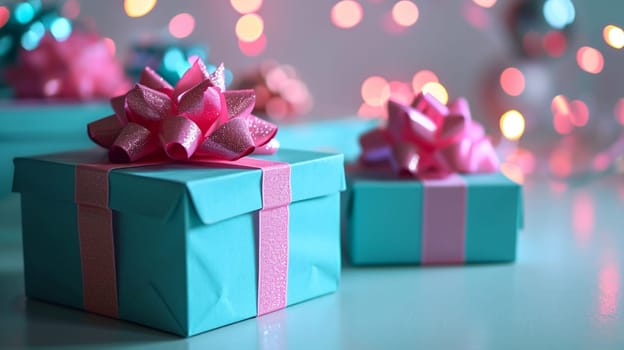 blue and pink boxes with pink bow. selective focus. Holidays. Generative AI,