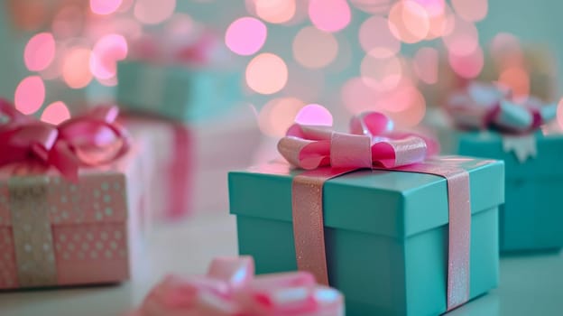 blue and pink boxes with pink bow. selective focus. Holidays. Generative AI,