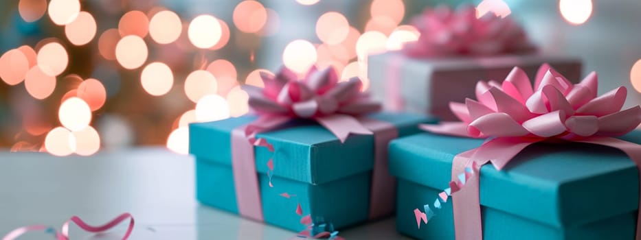 blue and pink boxes with pink bow. selective focus. Holidays. Generative AI,