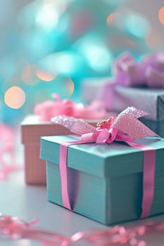 blue and pink boxes with pink bow. selective focus. Holidays. Generative AI,