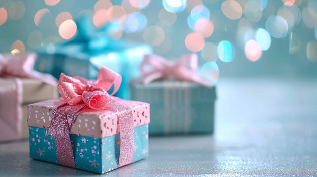 blue and pink boxes with pink bow. selective focus. Holidays. Generative AI,