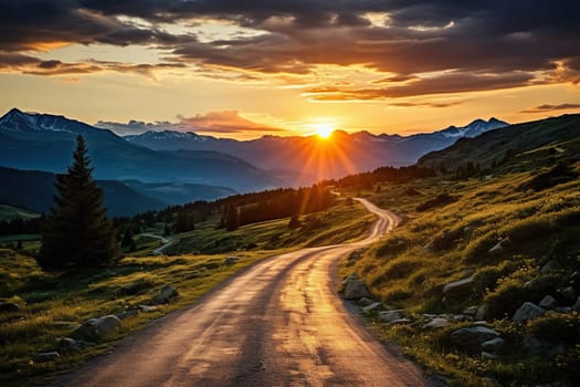 Winding country road at sunset in the highlands.