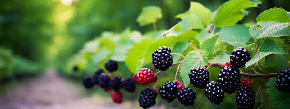 Blackberries grow in the garden. Ripe and unripe blackberries on a bush. selective focus. food Generative AI,